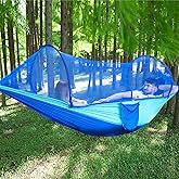 LFL Camping Hammock with Mosquito Net, Hammocks with 13ft Tree Straps Carabiners, Automatic Quick Open Outdoor Portable Hammock, Nylon Parachute Material Outside Hammock with net, Blue