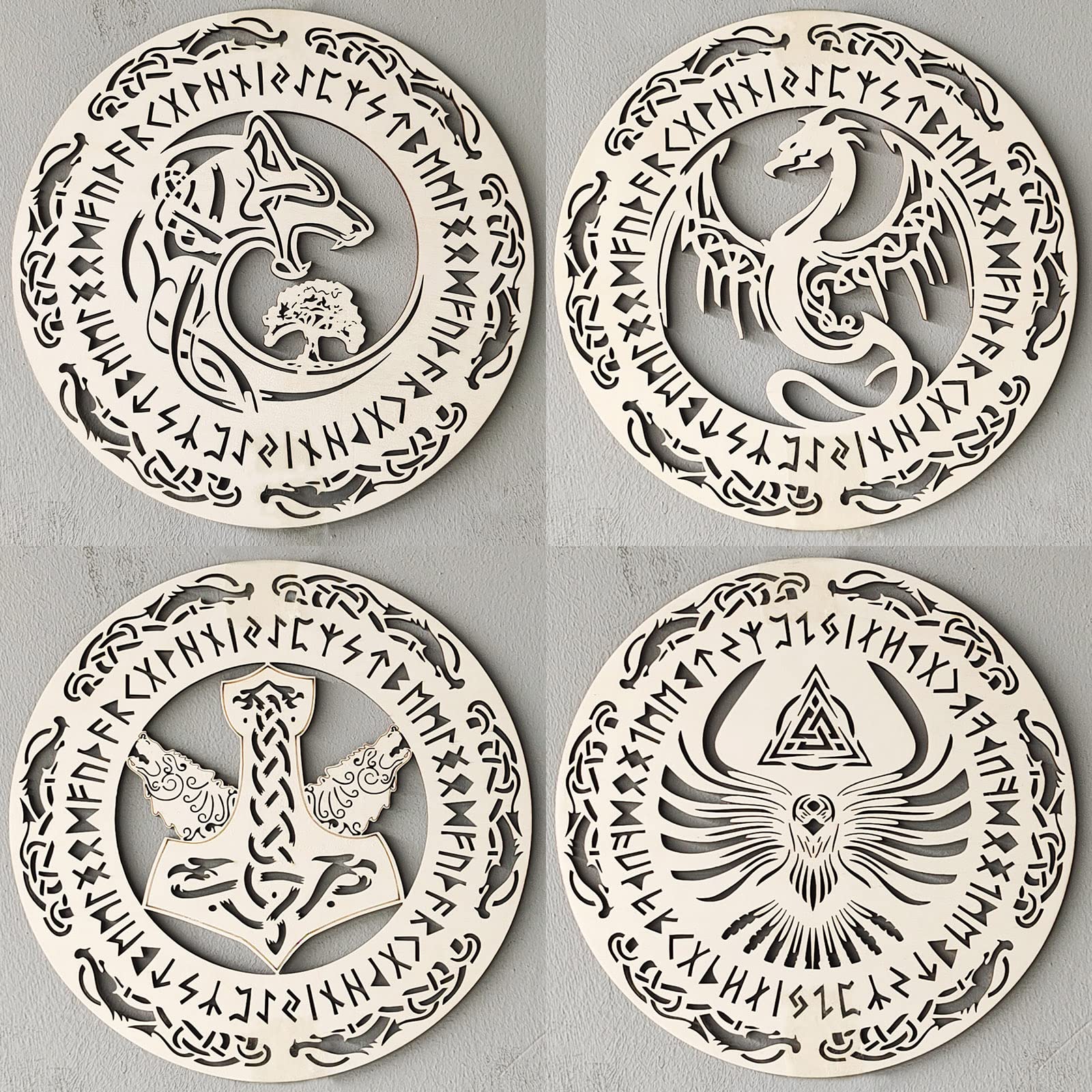 4 Pieces Mythology Animal Art 12” Vikings Decor Celtic Cross Trinity Knot Wall Art Norse Sacred Creature Thor's Hammer Wolf Fenrir Dragon Tree of Life Symbol Hummingbird Vikings Rune Wood Sign Art
