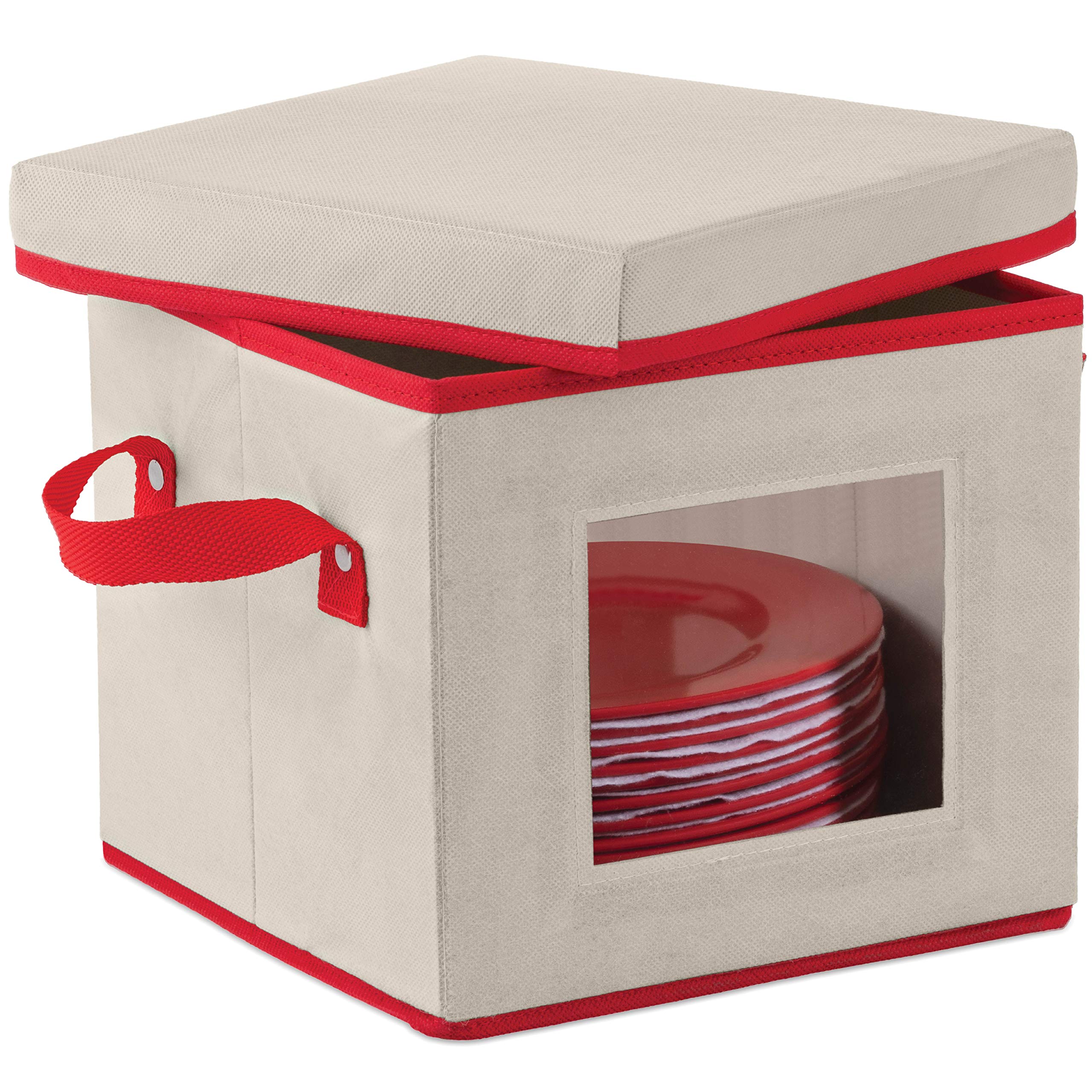 ZOBER Holiday Plate Box With Lid Comes With Two Handles And Clear PVC Window For Easy Visibility, Constructed Plate Storage Box For Safe Dishes Storing