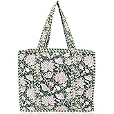 Third Eye Export 100% Cotton Quilted Tote Bag 18x16– Large Zipper Beach Bag & Travel Bag Green Purse Reusable Grocery Bags