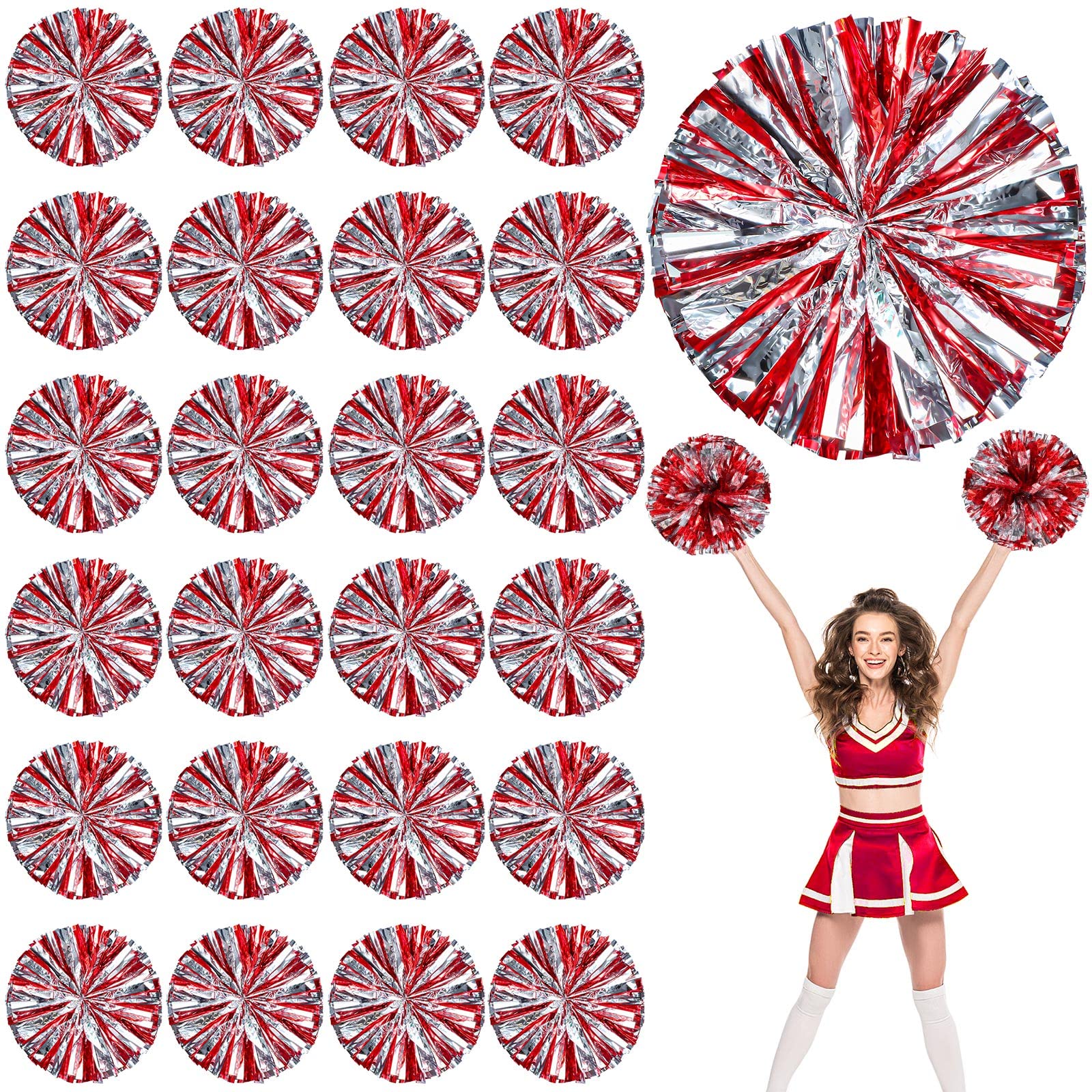 Photo 1 of Charniol 24 Pcs Cheerleading Metallic Foil & Plastic Ring Pom Poms Red Silver Cheerleader Pompoms Sports Dance Cheering Pom Poms for