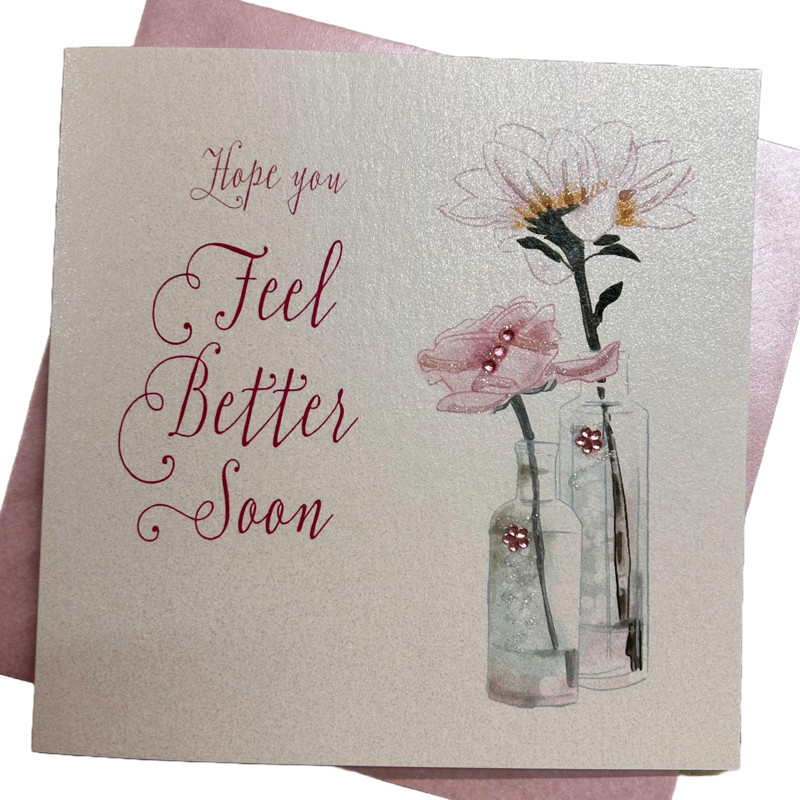 White Cotton Cards Pink Flowers in Vases Hope You Feel Better Soon Handmade Get Well Greeting Card (WB264)