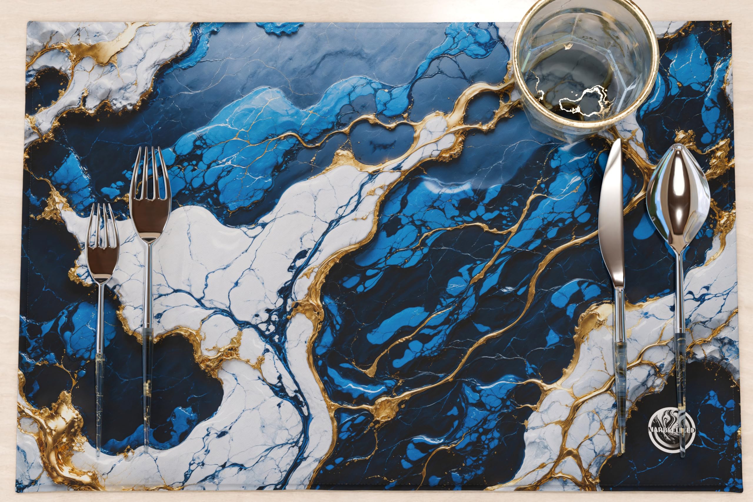 MARBLELIZED - Washable American Placemats, Blue Marble Effect Fabric Placemats, Set of 6 (30 x 45 cm) - Elegant, Ideal for Breakfast, Lunch and Dinner, Gift Idea, 100% Made in Italy