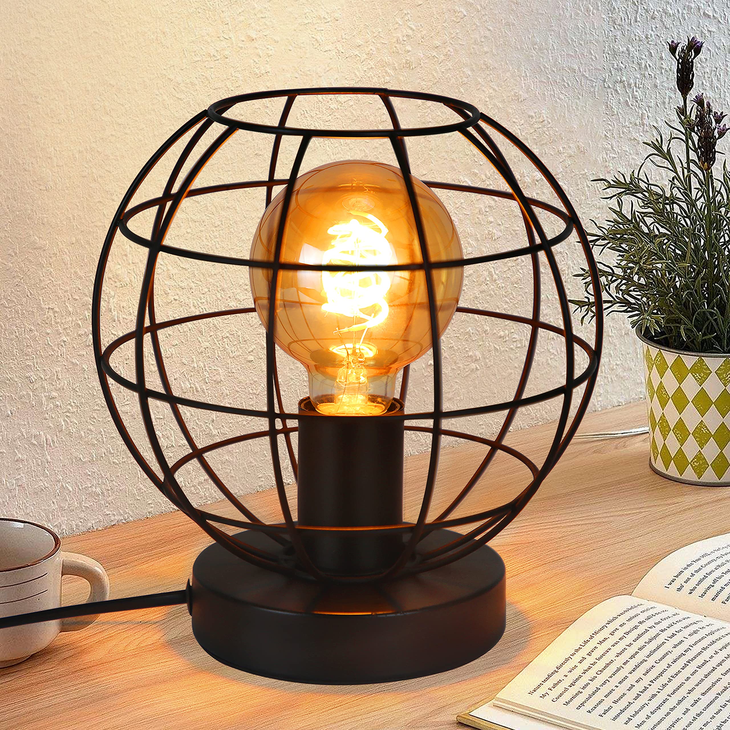 ZMH Vintage Retro Black Metal Table Lamp - Round Cage Umbrella, E27 Socket, Max 40W, Touch Control, Indoor Use