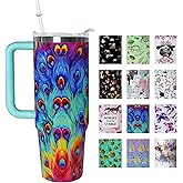mvhsuoem 30 oz Peacock Feather Lover Gift Tumbler with Handle Straw Lid 30oz Peacock Feather Themed Water Bottle Double Stainless Steel Insulated Basketball Cup Travel Coffee Mug