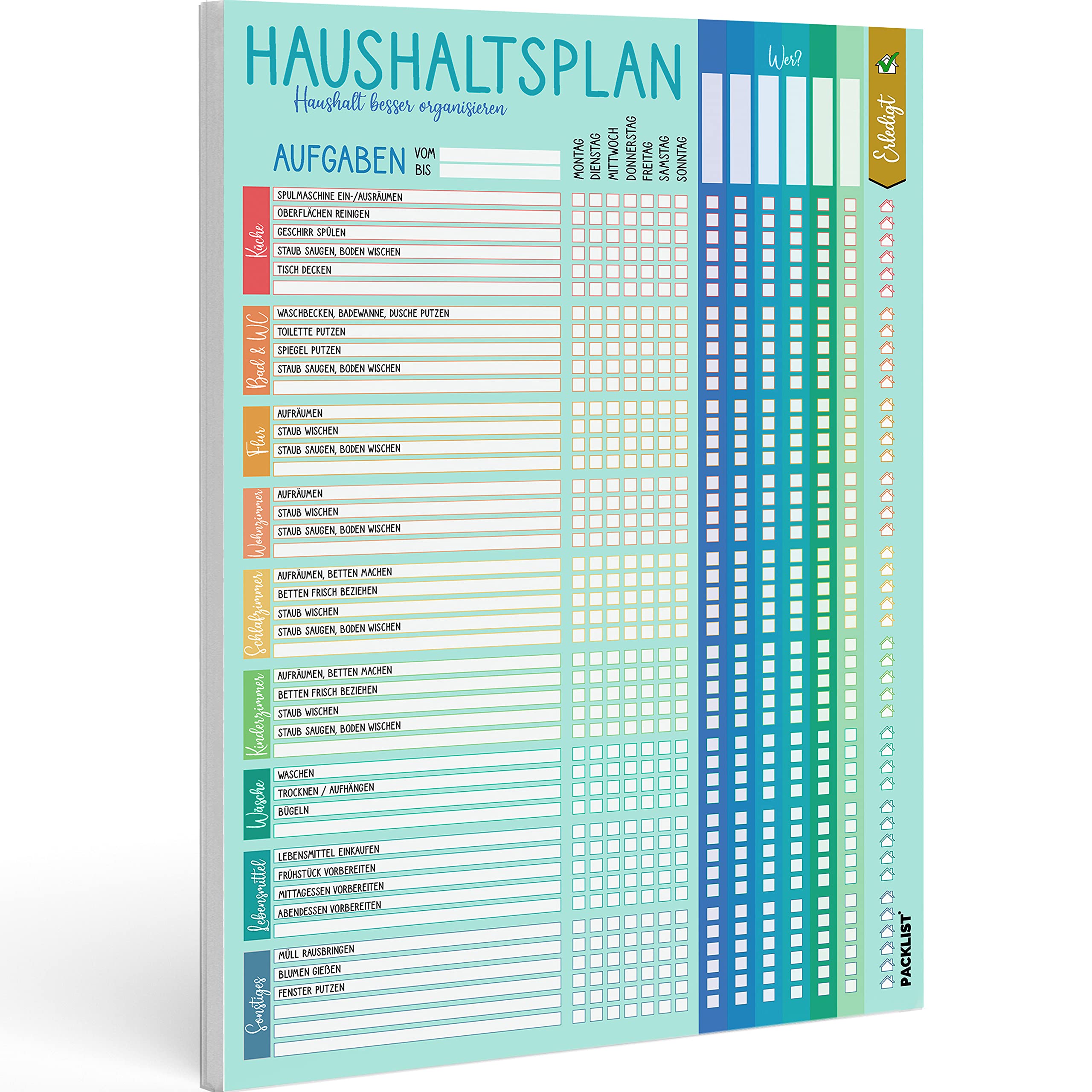 PACKLIST Haushaltsplan Putzplan für Familien mit Kindern oder WG mit Aufgaben - Haushaltsplaner A4 - Putzplan für den Haushalt, Putzkalender