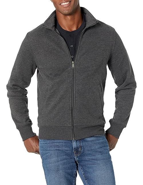 Amazon Essentials Men's Sweatshirt, Mock Neck, Fleece Zip Up, Charcoal Heather, Medium
