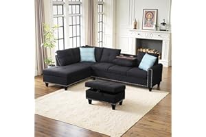 Lyngins 98" Sectional Couch Linen 4 Seater Sofa L Shaped Couch with Right Chaise & Cup Holders 3 Pieces Living Room Furniture Sets with Ottoman & 2 Pillows, Modular Sofa for Living Room, Charcoal Gray