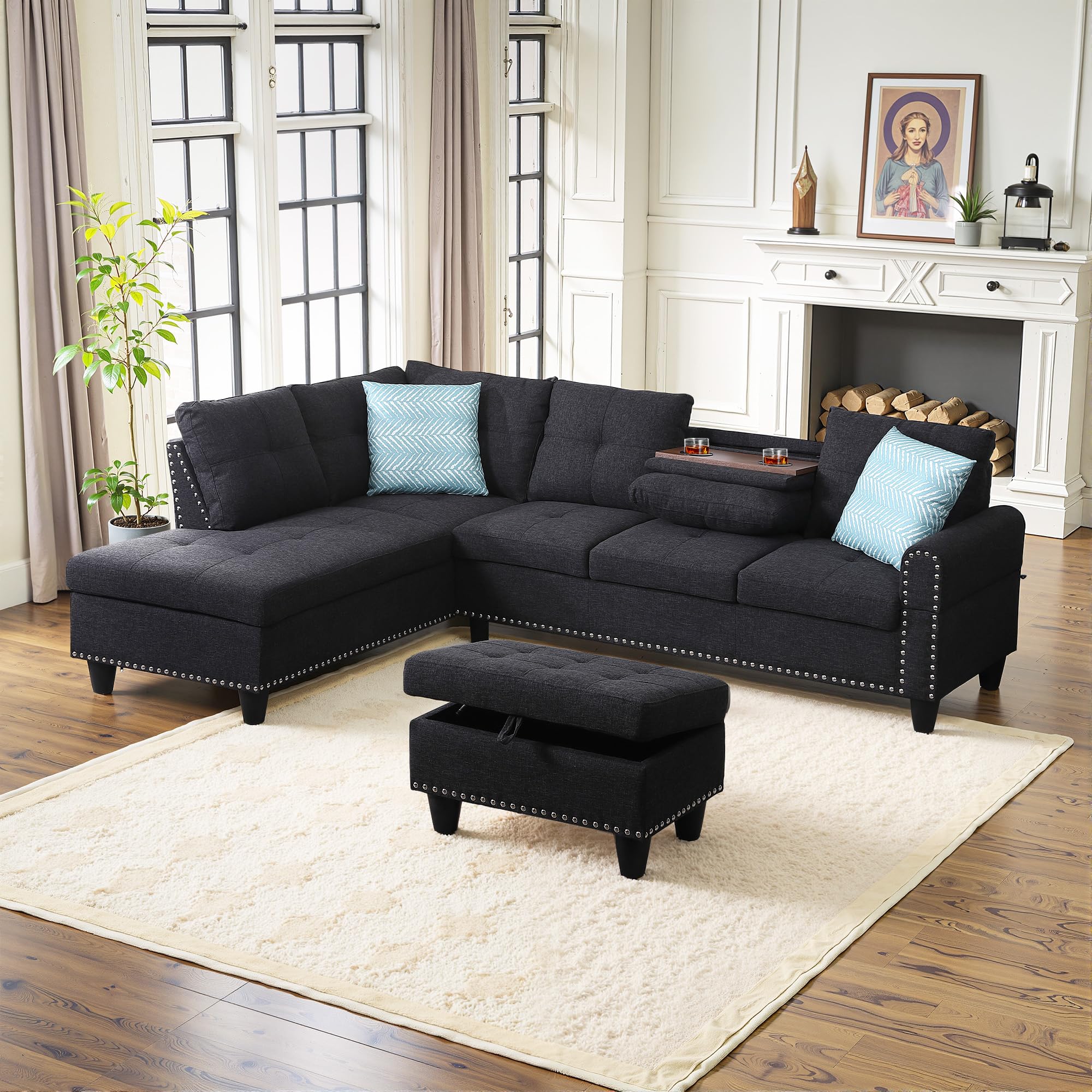 Photo 1 of *PARTIAL SET - Box 2/3, MISSING Box 1/3 & 3/3*
Lyngins 98" Sectional Couch Linen 4 Seater Sofa L Shaped Couch with Right Chaise & Cup Holders 3 Pieces Living Room Furniture Sets with Ottoman & 2 Pillows, Modular Sofa for Living Room, Charcoal Gray