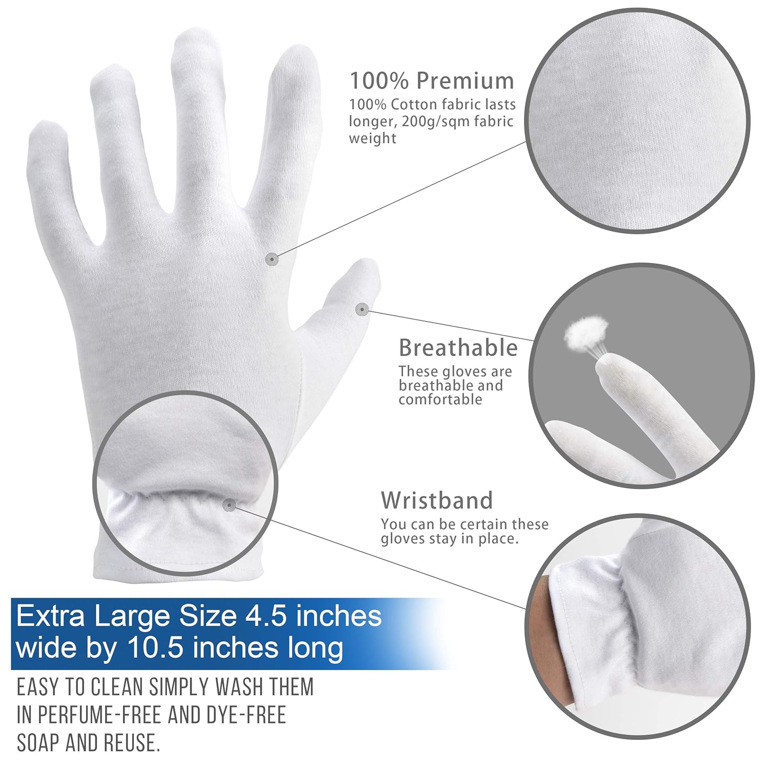 Extra Large, XL Moisturizing Gloves OverNight Bedtime Cotton Cosmetic Inspection Premium Cloth Quality Eczema Dry Sensitive Irritated Skin Spa Therapy Secure Wristband … (4 Pack) : Beauty