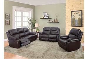 Beverly Furniture 3 Piece Bonded Leather Sofa & Loveseat & Chair with 5 Recliners (Set of 1), Brown
