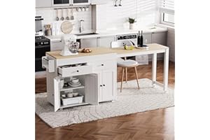 Karzibo 74.5" Kitchen Island with Extendable Dining Table, Rolling Storage Cart on Wheels with Spice Rack, 2 Drawers & 4 Door