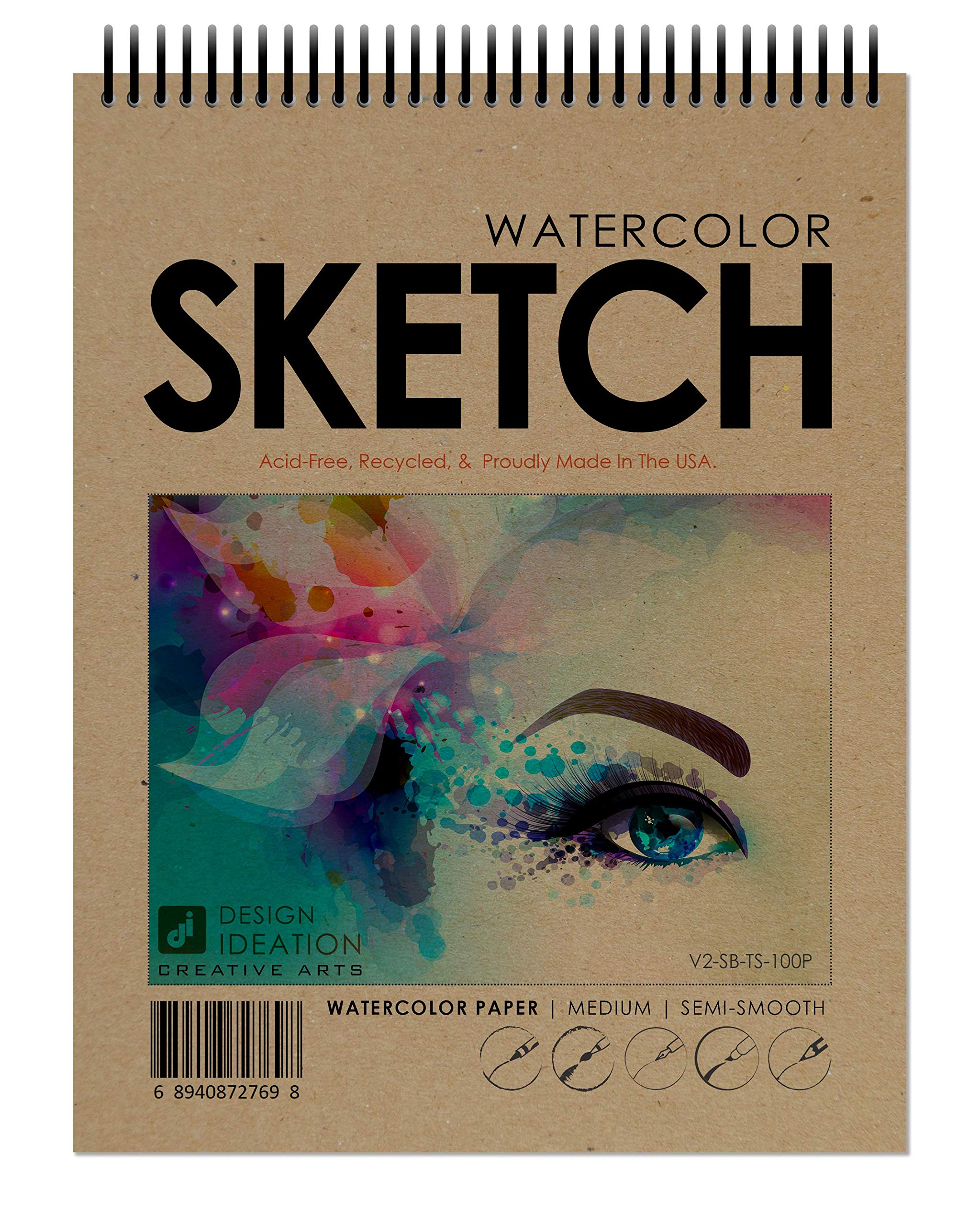 Design Ideation Watercolor Sketch Book. Spiral bound, watercolor paper sketchbook for Pencil, Ink, Marker, Charcoal and Watercolor Paints. Great for Art, Design and Education. (8.5" x 11")