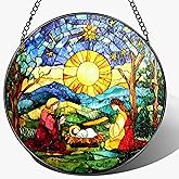 LAOWEIKI 8'' Stained Glass Suncatcher Decor, Window Hanging, Nativity Scene Ornament, Religious Christmas Ornaments, Christian Holiday Decor, Gifts for Christmas, Christian Gift, Religious Gift
