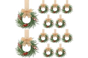 Knitgrip 12 Pcs 9'' Small Christmas Kitchen Cabinet Wreaths with Plaid Bow Ribbon Mini Hanging Christmas Wreath Artificial Greenery Wreath for Front Door Porch Wall Window(Linen Color)