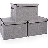 Bagnizer Large 17" 42 Quarts Collapsible Stackable Storage Bins with Lids [3-Pack] Foldable Fabric Linen Storage Boxes Cube, Closet Organizer Baskets with Label for Home (16.7 x 12 x 12, Gray)