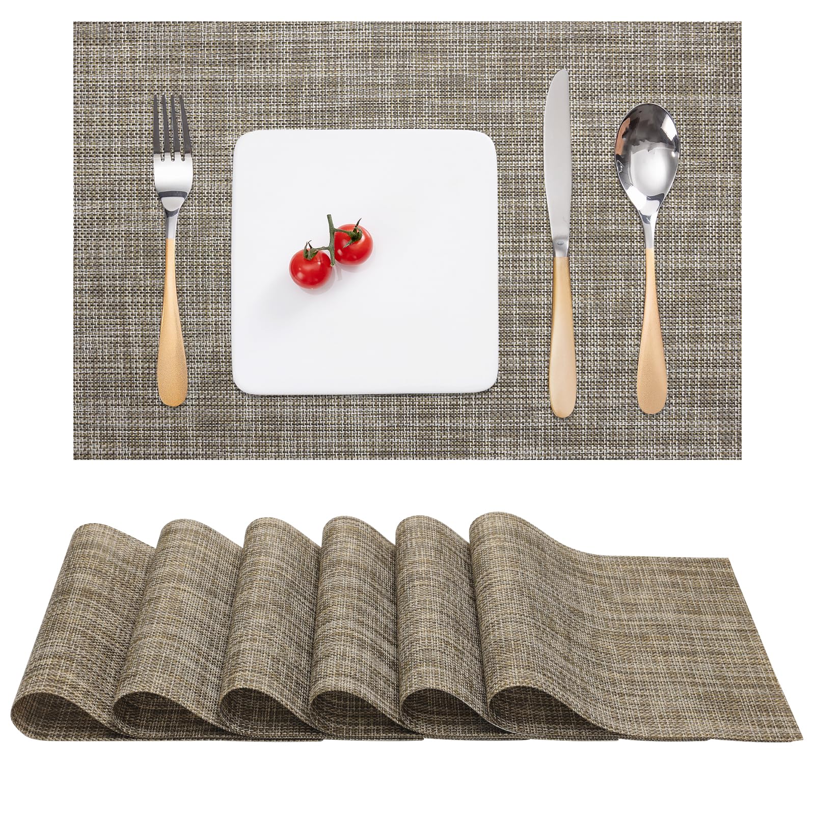 Myir JUN Table Mats Set of 6, Place Mats Table Placemats Washable Non-slip Heat Insulation Woven Vinyl for Kitchen Dinning Restaurant 17"X12" (Caramel)