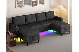 HYZQ Sectional Couches for Living Room, 4 Seat Sectional Sofa with Smart Module-Wireless Charging/USB/Type-C/RGB Light, U Shaped Couch with Reversible Chaise Lounge/Storage Ottoman (Charcoal Grey)