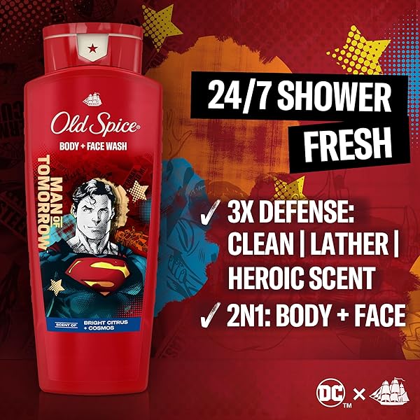 OLD SPICE BODY WASH FOR MEN, SUPERMAN: MAN OF TOMORROW, 3X DEFENSE, 24/7 SHOWER FRESH WITH LASTING SCENT, CLEANSING 2-IN-1 BODY & FACE WASH, SMELL LIKE A HERO, BRIGHT CITRUS AND COSMOS SCENT, 24 OZ
