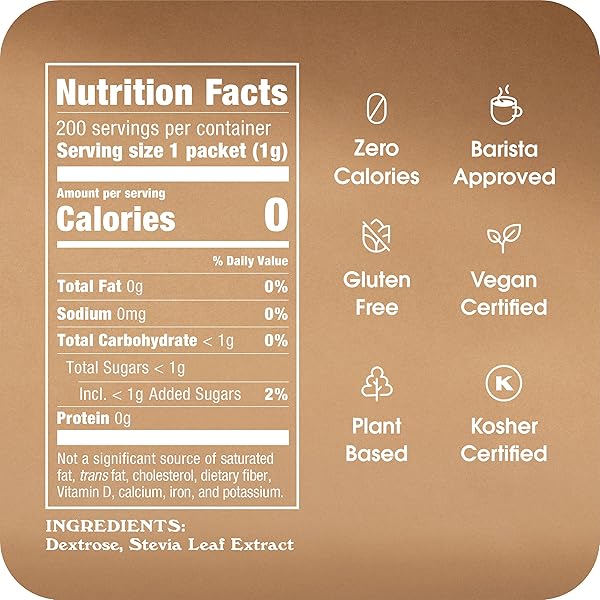 STEVIA IN THE RAW STEVIA SWEETENER PACKETS, 200 CT BOX, 2 PACK, ZERO CALORIE STEVIA SUGAR SUBSTITUTE PACKETS, NO ERYTHRITOL OR ARTIFICIAL FLAVORS, VEGAN, GLUTEN FREE, KOSHER, LOW GLYCEMIC INDEX
