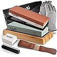 Eagles Way Professional Knife Sharpening Stone - Grit 400/1000/3000/8000 - Long Lasting Whetstone - Angle Guide, Bamboo Base, 2x Nonslip Rubber Base, Flattening Stone, Leather Strap - Safety Gloves