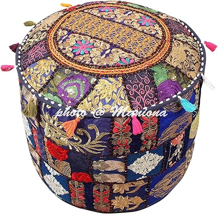 maniona 16 "algodón Patchwork Bordado Otomano Taburete puf Azul diseño