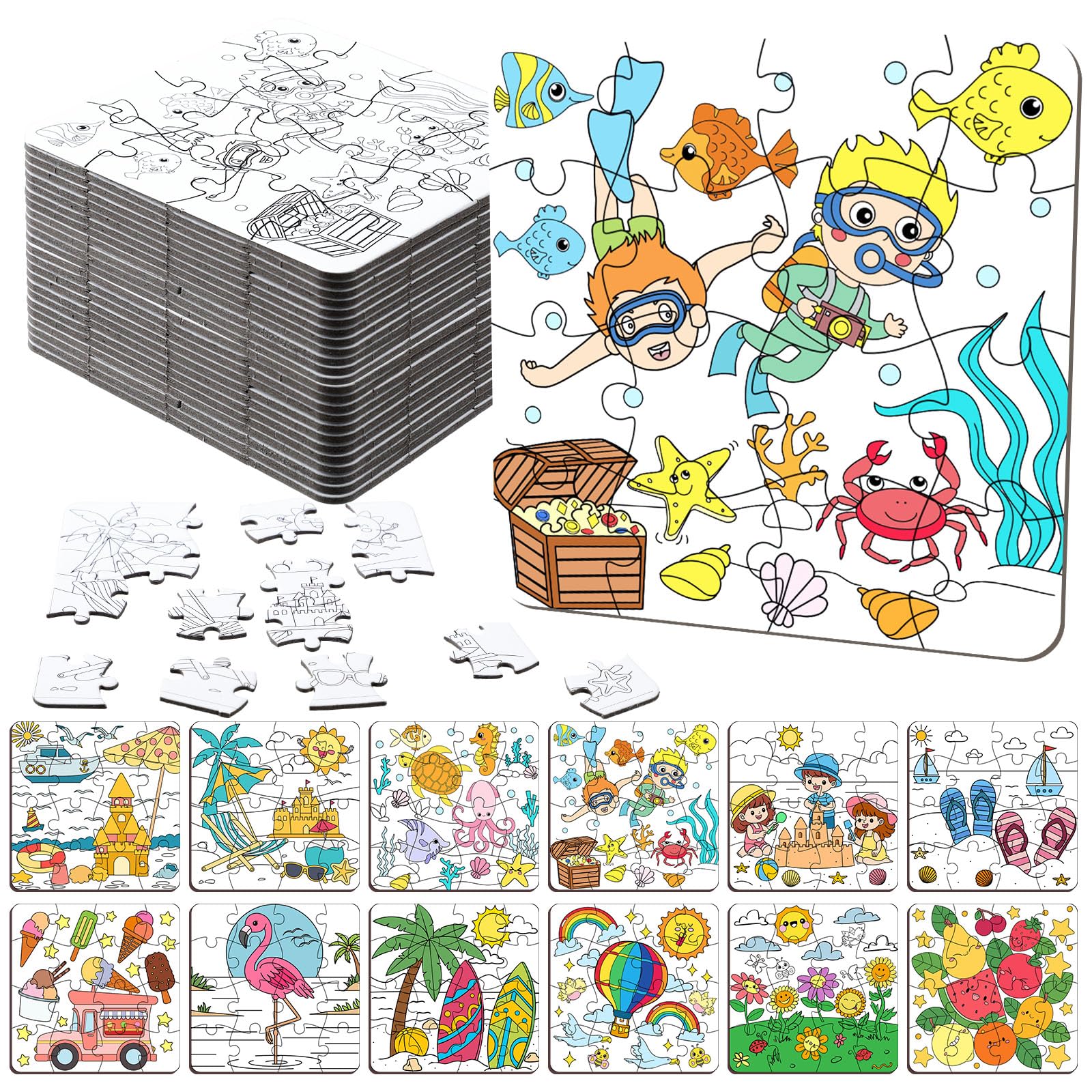 Photo 1 of Realspring 24 Pack Color Your Own Jigsaw Puzzles for Kids 3-5, 4-6, 6-8, Coloring Crafts DIY Paper Puzzles Party Favors Gifts for Toddler Children Learning Education Toys(Summer)