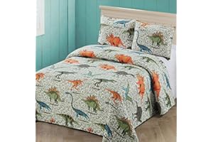KIDS ZONE HOME LINEN 2 pc Twin Size Quilt Bedspread Kids/Teens Boys Dinosaurs Army Green Blue Orange Multicolor Bedding New