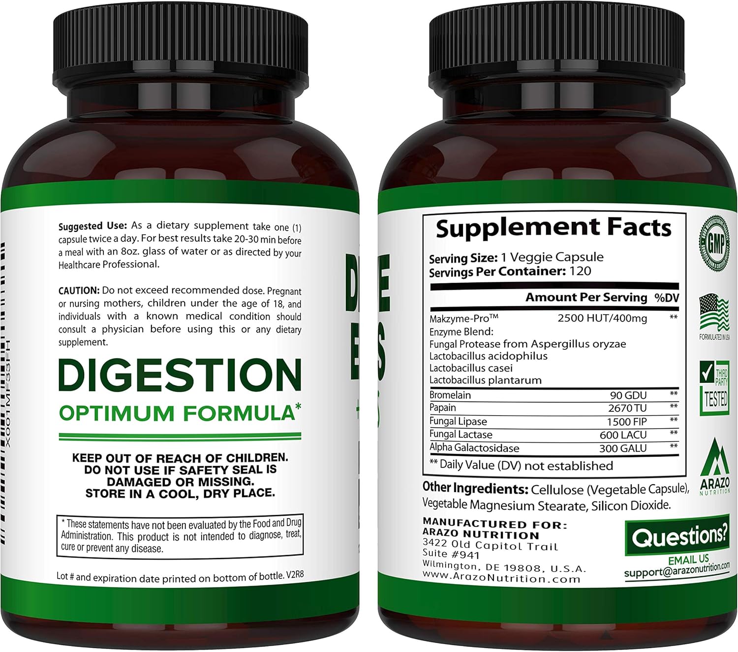 Digestive Enzymes with Probiotics - Multi Enzyme Nutritional Supplement - Acidophilus Bromelain Papaya Papain Lipase & Lactase - Improve Digestion - 120 Pills - Arazo Nutrition: Health & Personal Care