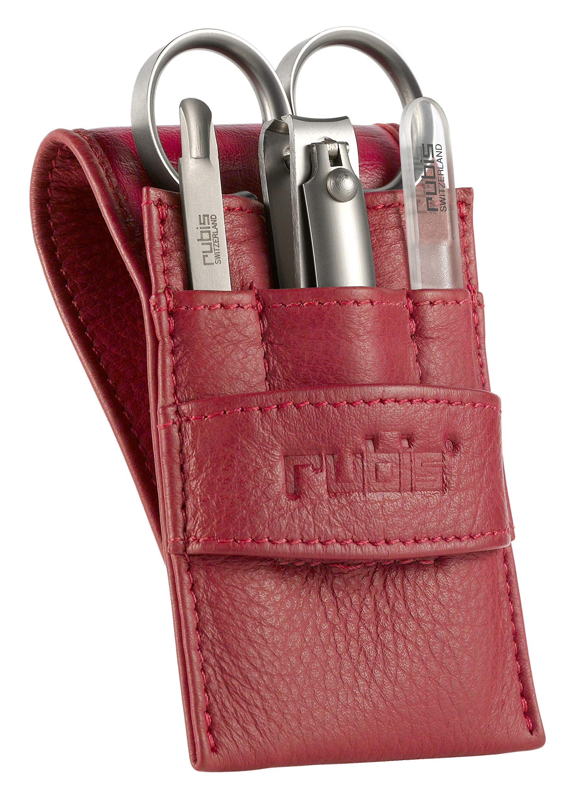 Rubis Manicure Set Red Leather - 4 Piece Tool Kit - with Cuticle Scissors 'Colibri', Mini Nail Clippers, Nail Cleaner/Cuticle Pusher and Premium Glass Nail File