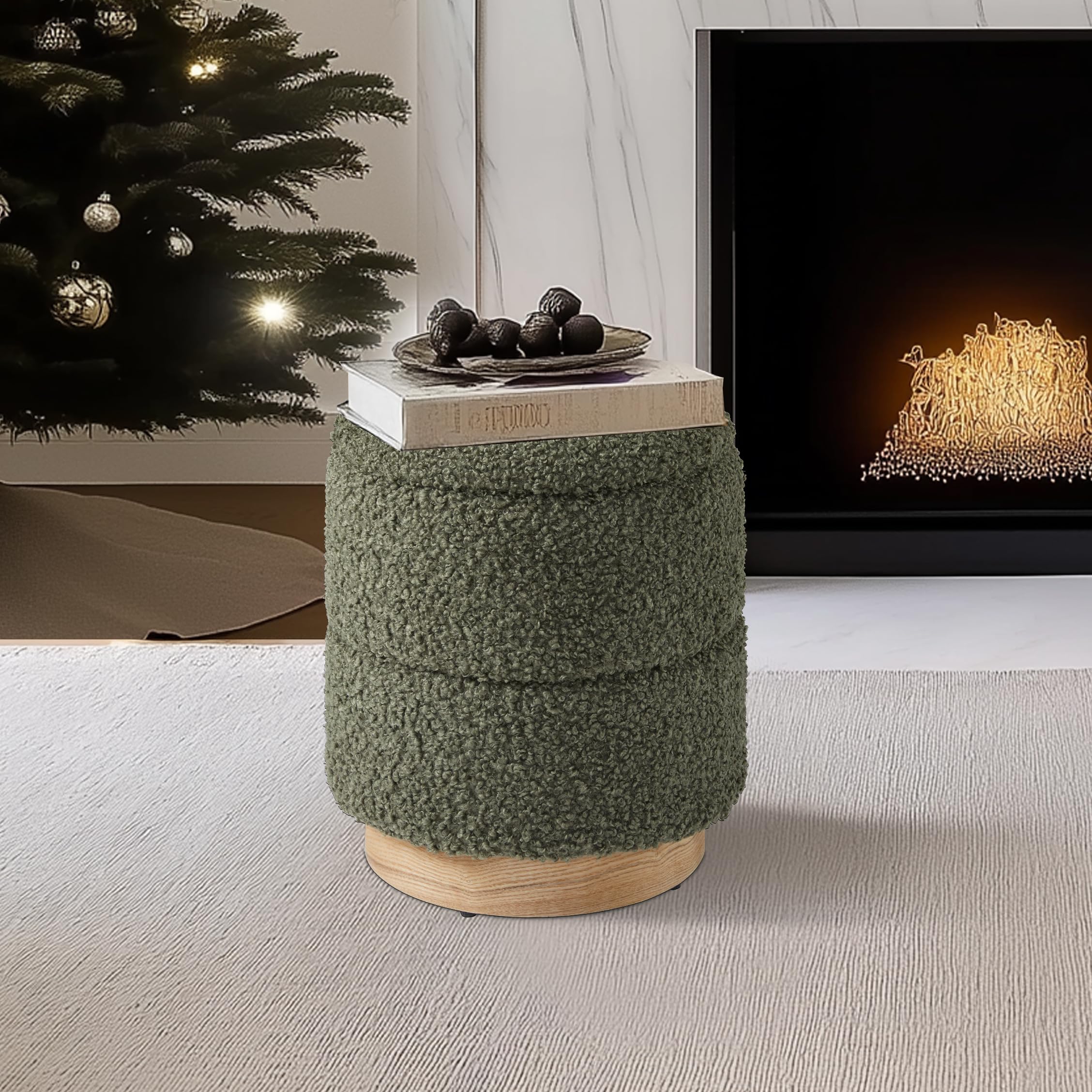 Photo 1 of Get Set Style Round Ottoman with Storage, Modern Boucle Ottoman Upholstered Foot Stool with Wood Base, Vanity Stool Chair, Footrest Extra Seat for Living Room Bedroom Entryway (Olive Green)