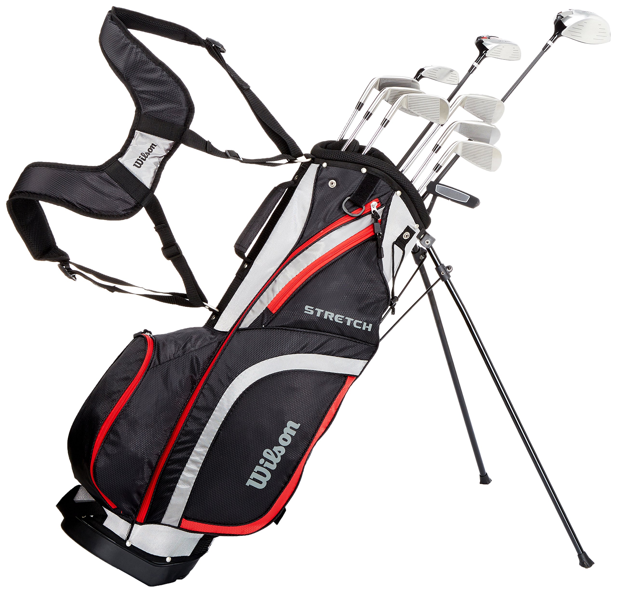 Wilson Beginner Complete Set, 10 extended length (+1 in) golf clubs with stand bag, Men's (right hand), Stretch XL, Black/Grey/Red, WGG157549