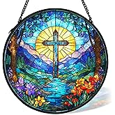cvjutf Christian Cross Suncatcher Stained Glass Window Hanging Decor, Christian Sunshine Stained Glass Wall Decor Gifts, Religious Baptism Nature Lawn Garden Sun Catchers Hanging Wall Art, 7.9x7.9 in