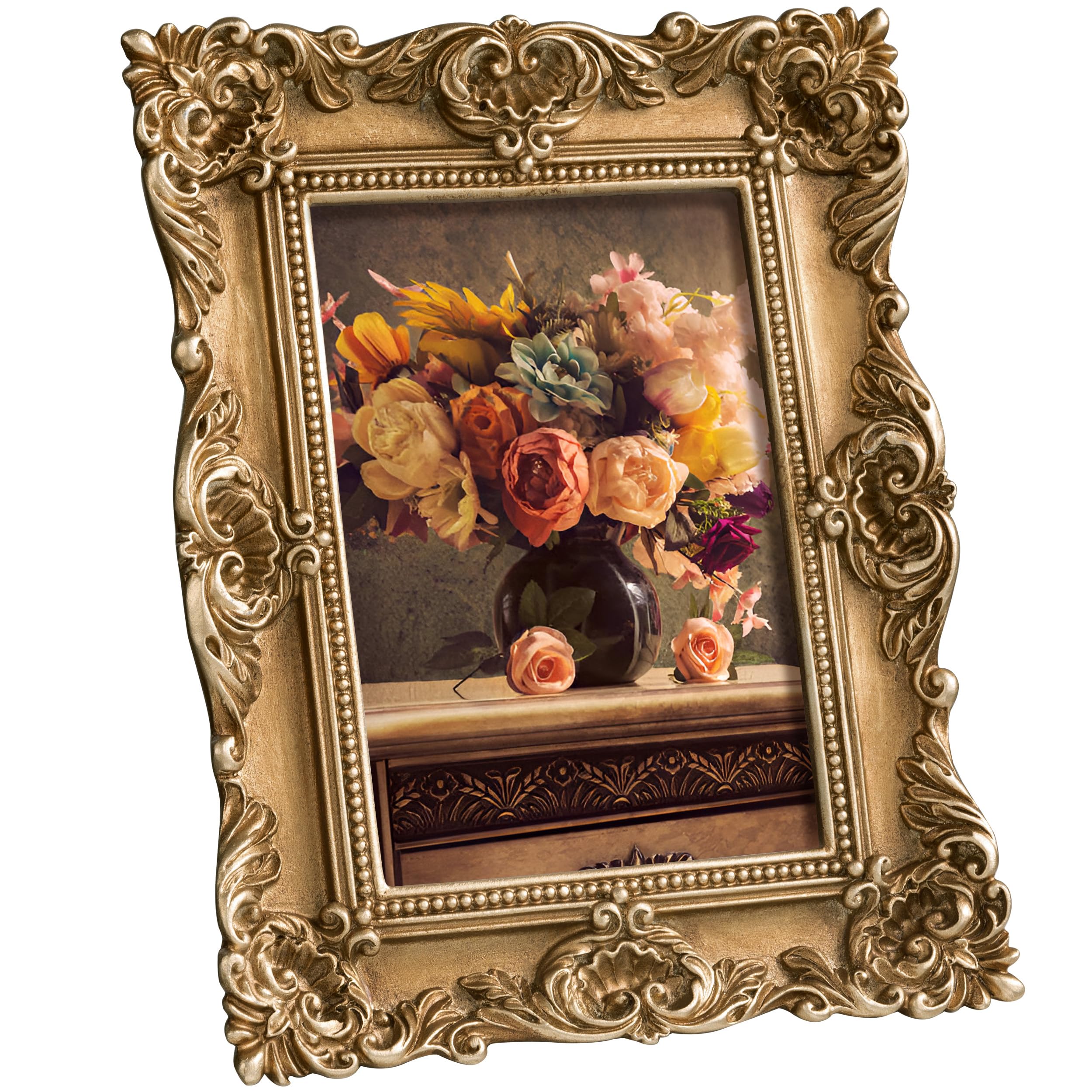 Photo 1 of eletecpro 5x7 Vintage Picture Frame with Real Glass Cover, Ornate Antique Photo Frame, Display 5x7 Picture for Tabletop or Wall Hanging Horizontal & Vertical, Gold Home Decor for Gallery Art