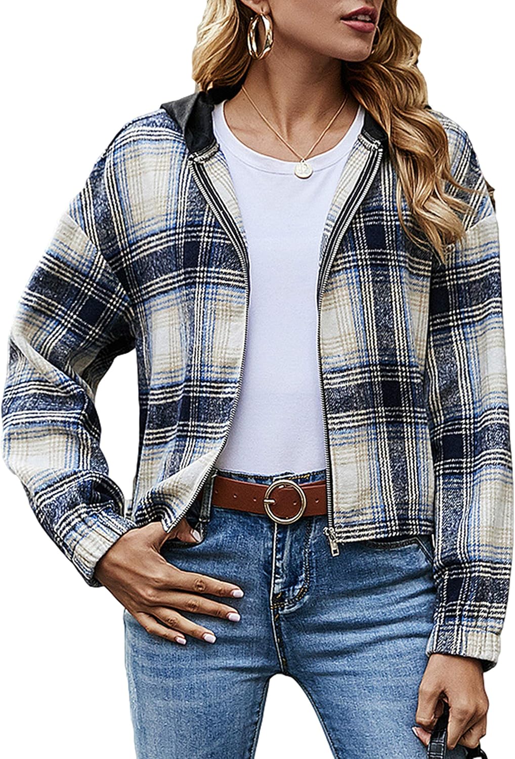 Yeokou Women's Casual Vintage Plaid Zip Up Slim Fit Hooded Jacket