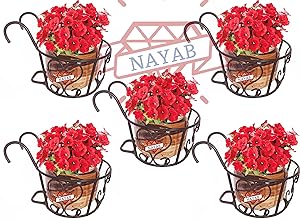 NAYAB HANDICRAFTS Iron Art Hanging Baskets Flower Pot Holder Without Pots for Railing Fence Balcony Garden Home Decoration - Set of 5
