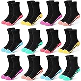 SPTRAMLE 12 Pairs Girls Crew Socks, Kids Athletic Socks for Toddler Girls (1-14 Years) Calf Cotton Sock School Running Sports