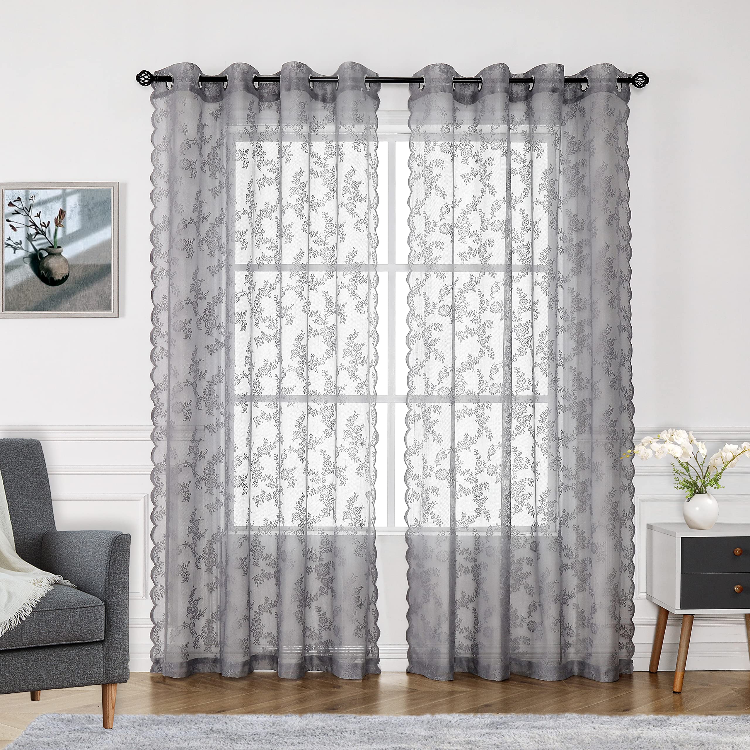 Grey Lace Curtains for Kids Bedroom 55 x 54 Inch Farmhouse French Floral Embroidered Sheer Voile Curtains Durable Rose Lace Fabric Window Treatment Drapes for Living Room Christmas Holiday, 2pcs