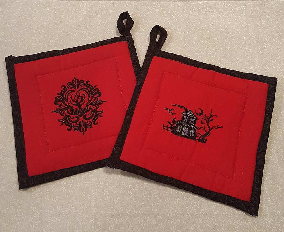 Set of 2 Embroidered Potholders Graveyard Spooky House
