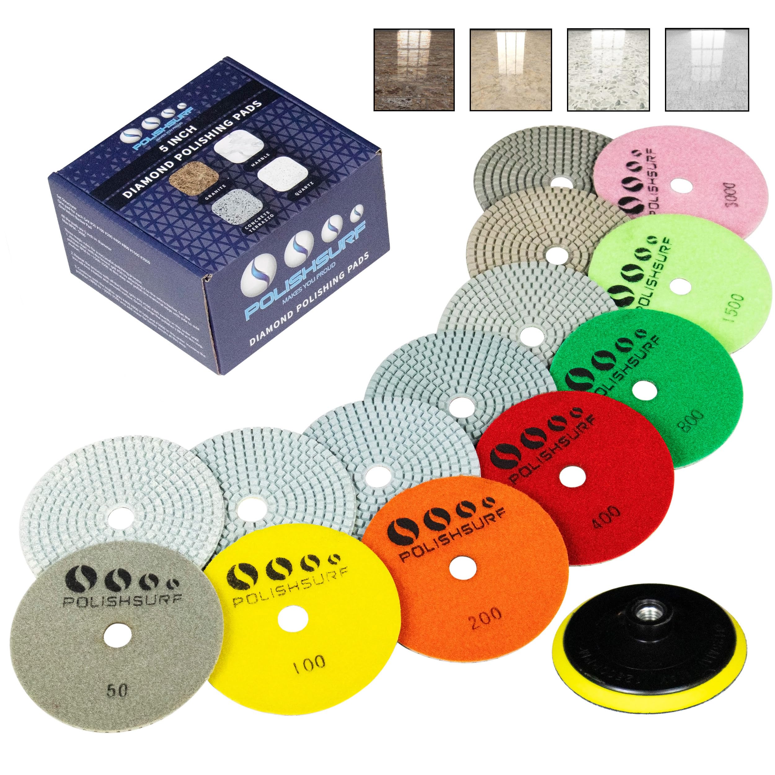 POLISHSURF Diamond Polishing Pads 5 Inch Wet Dry Set 8 Pieces for Marble Quartz Stone Countertop Granite Concrete Polishing - by
