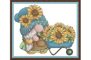 Maydiyer Cross Stitch Kits Stamped Full Range of Embroidery Starter Kits for Beginners DIY 11CT Easy Patterns Embroidery Kit for Girls-Gnome with Sunflowers 13×10.3 inch