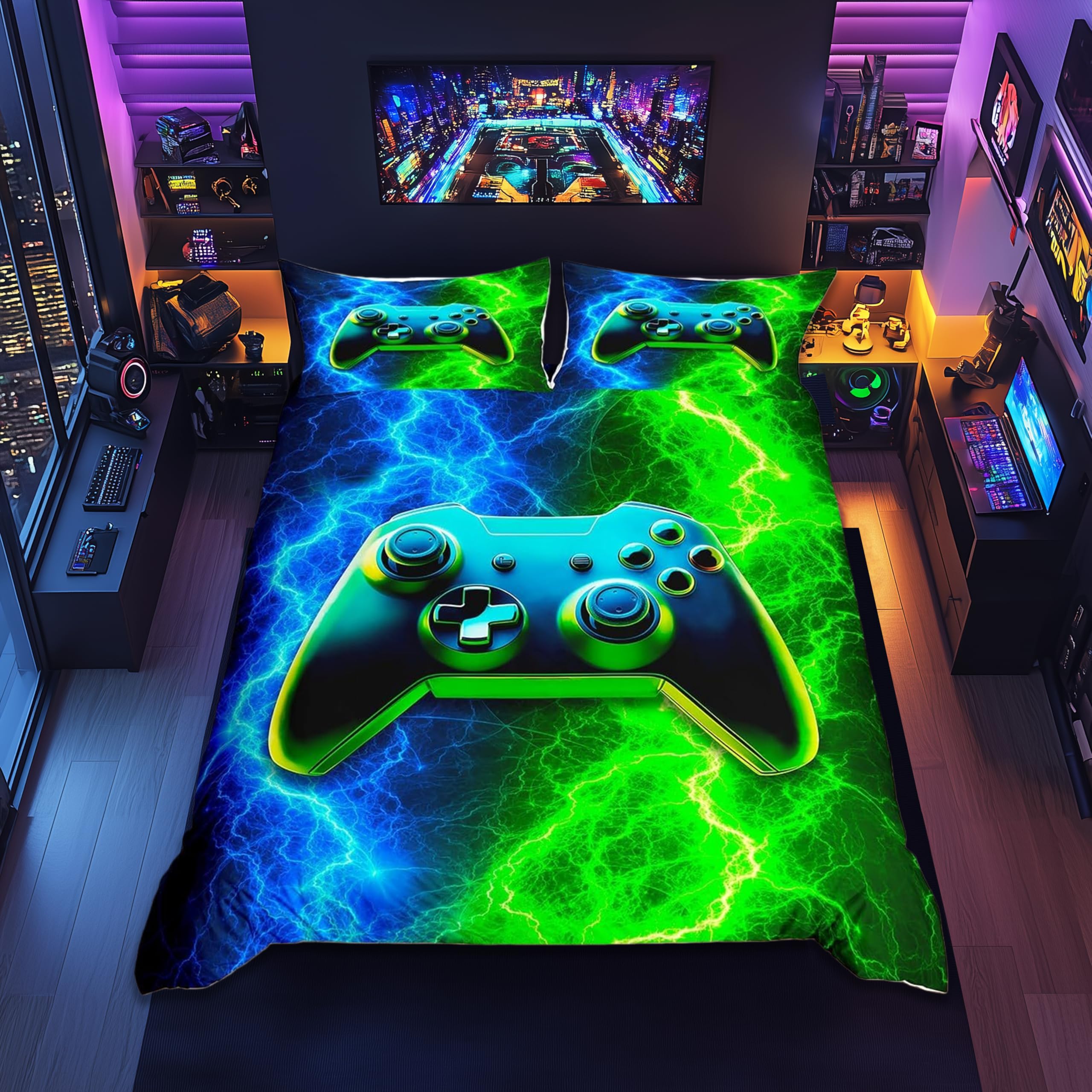 Modern Gamer Duvet Cover Set Double Size, Blue-Green Lightning Gamepad Comforter Cover with 2 Pillowcases, Video Games Bedding Set 3pcs for Kids Boy Room Decor Gaming Reversible Bedspread Cover