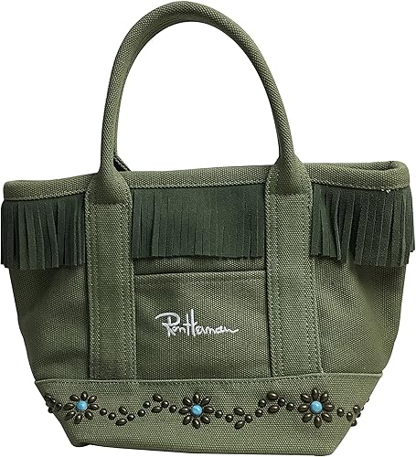 Amazon 大人気 ロンハーマン Ronherman ロゴ刺繍 フラワースタッズフリンジ トートバッグ レディース カバン グリーン トートバッグ
