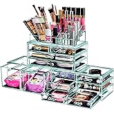Sorbus Large Makeup Organizer - Clear Stackable Jewelry & Makeup Organizer For Vanity, Bathroom Storage, Dresser - 12 Drawers Cosmetic Beauty Organizers and Storage with Lipstick, Makeup Brush Holder