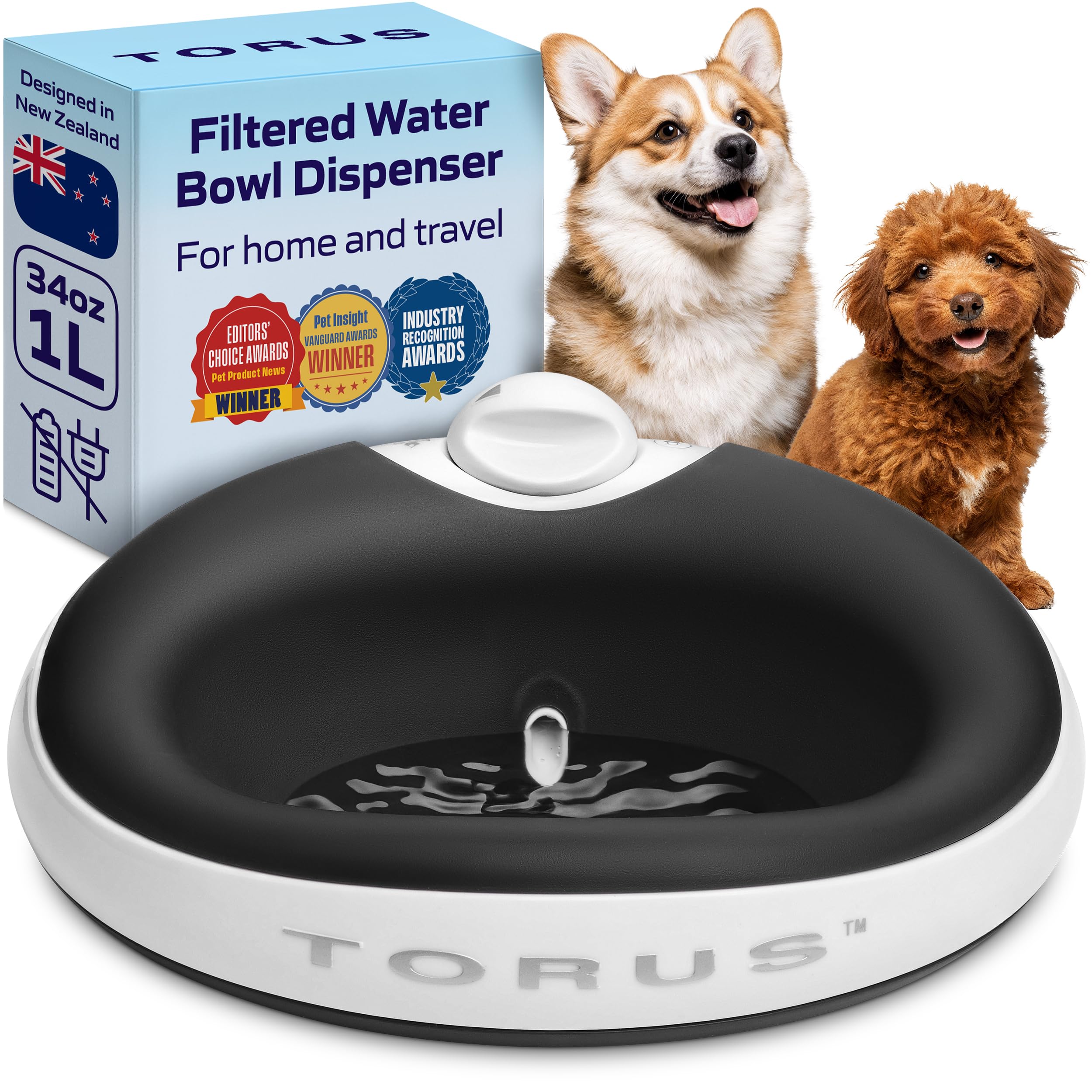 Torus Pet MINI Filtered Water Bowl (Charcoal) - 1 Liter – Home and Travel Bowl - Autofill - Portable - Antimicrobial - BPA Free - Cat - Small Dog
