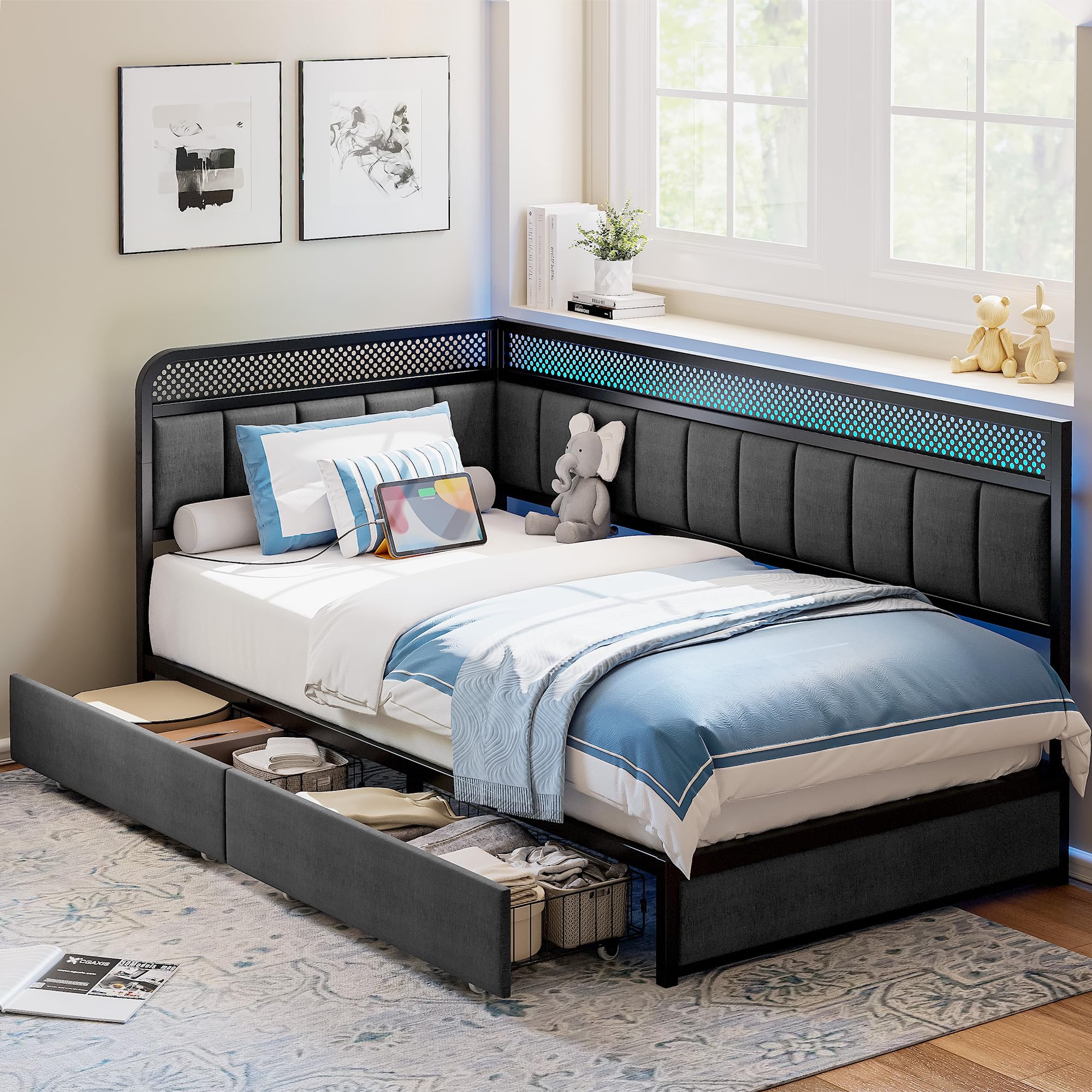 Photo 1 of **ONLY BOX 1 OF 2**LIKIMIO Twin Corner Bed Frame with Storage Drawers and Charging Station, Modern Twin Daybed with LED Lights and Upholstered Guardrail, Gray