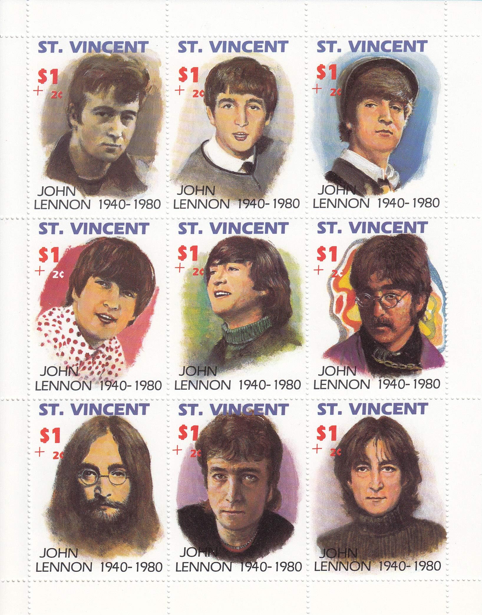 John Lennon, Beatles Limited Edition Collectible Postage Stamps 1503 by Saint Vincent
