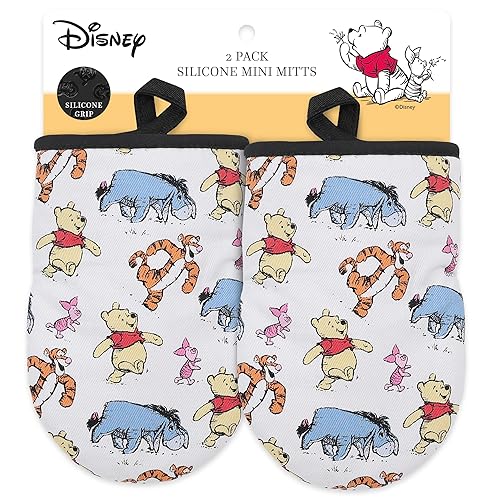 Disney Oven Mitts - 5.5” x 7.5” Heat-Resistant Mini Oven Mitts with Non-Slip Printed Silicone Disney Silhouettes - Mickey & Minnie, Stitch, Winnie The Pooh