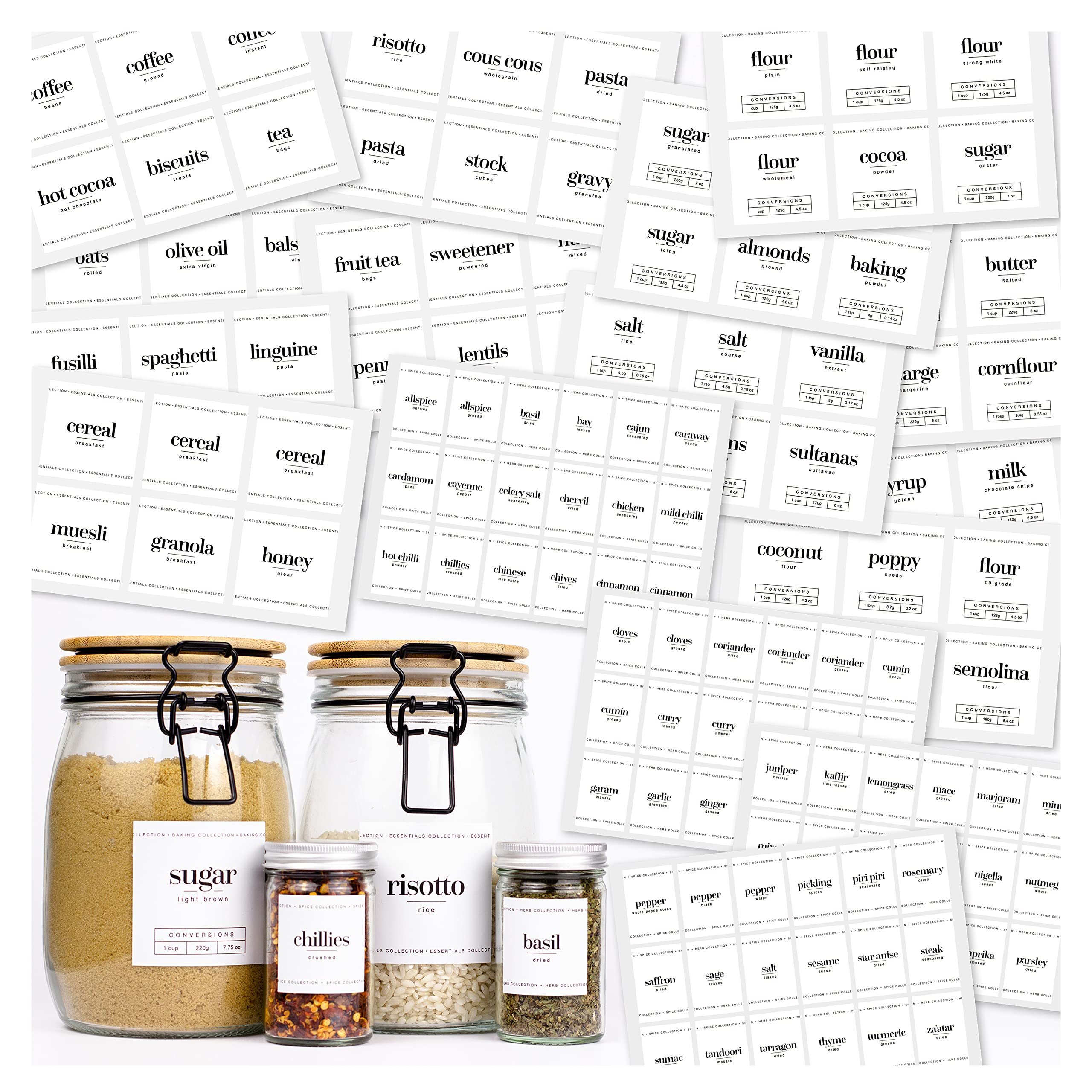288 x Kitchen Labels for Jars - Contemporary Mixed Size Printed White Sticky Labels for Kitchen and Pantry Storage