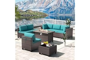 Kullavik 8 Pieces Outdoor Patio Furniture Set with 43" Gas Propane Fire Pit Table PE Wicker Rattan Sectional Sofa Patio Conversation Sets,Blue